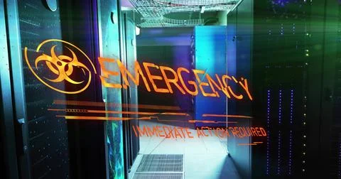 Displaying translucent warning panel glowing over server racks in data center, Stock Photos