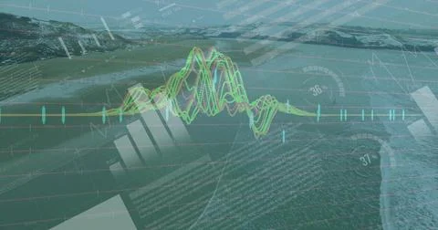 Displaying translucent waveform graph over coastal aerial scene, with bar charts Stock Photos