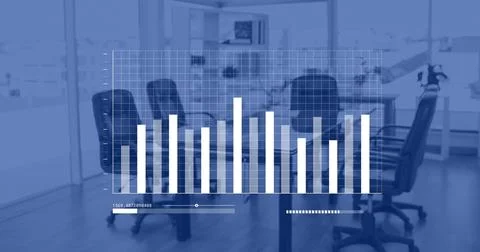 Displaying translucent white bar chart HUD over long conference table in office, Stock Photos