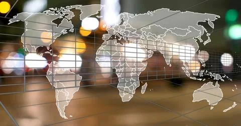 Displaying translucent white map outline rotating on 3D grid in control-room Stock Illustration