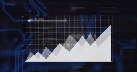 Displaying translucent white polygonal chart rising over grid display, with Stockfoto's