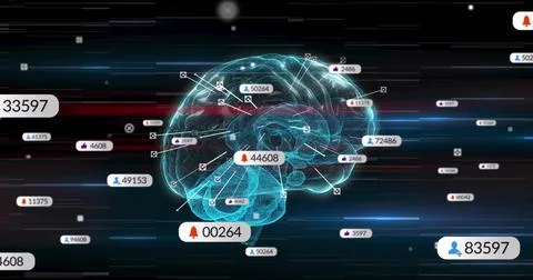 Displaying translucent wireframe brain hologram pulsing in virtual cyberspace, Stock Illustration
