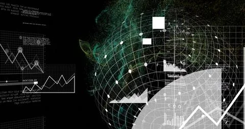 Displaying translucent wireframe data globe rotating in dashboard, with white Stock Photos