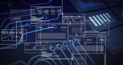 Displaying translucent wireframe panels over dark blue grid, showing charts, イラスト素材