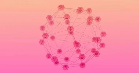 Displaying translucent wireframe sphere with hexagonal nodes and lab icons Stock Illustration