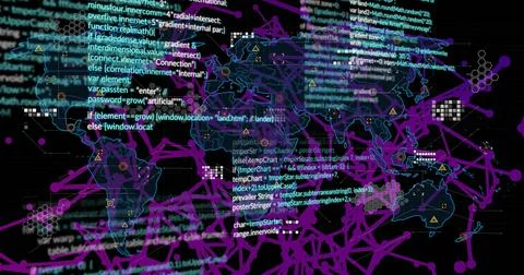 Displaying translucent world map on dark grid, with cyan code, purple links, 스톡 사진