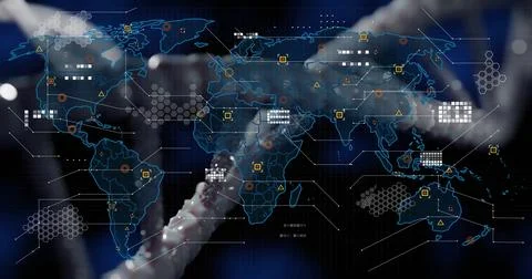 Displaying translucent world map on digital interface, showing double helix and Illustrazione stock