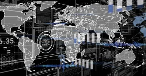 Displaying translucent world map overlay rotating over control-center dashboard, Stock Illustration