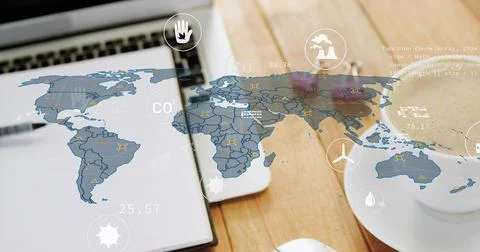 Displaying translucent world map overlay showing CO2 icons and numeric data on Stock Photos