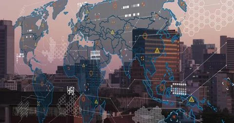 Displaying translucent world map overlay across city skyline at dusk, with hex Stock Photos