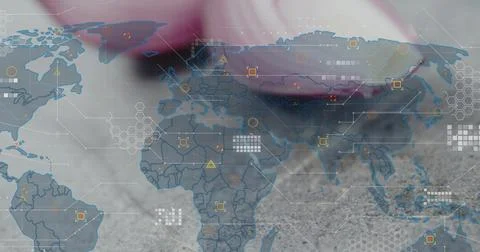Displaying translucent world map overlay in composite, showing hex grid, HUD Stock Photos