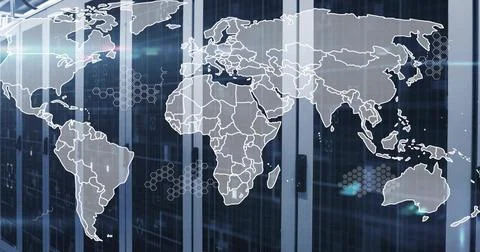 Displaying translucent world map overlaying server racks at data center, with Illustrazione stock
