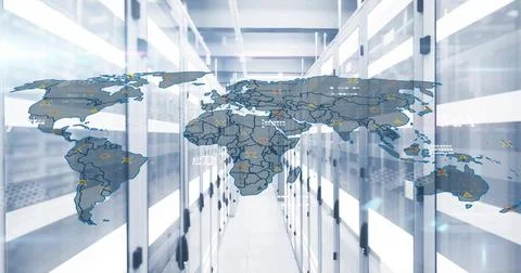 Displaying translucent world map scanning data center aisle, showing warning, Illustrazione stock
