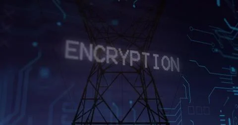 Displaying transmission tower overlaying ENCRYPTION text in digital backdrop, Stock Photos