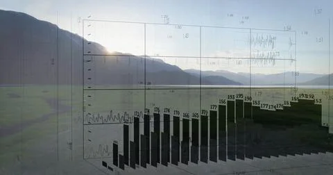 Displaying transparent 3D bar chart floating over grassy valley, with black bars Foto stock