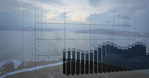 Displaying transparent 3D chart overlaying bay at sunrise, with wireframe axes, 写真素材