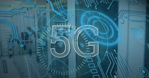 Displaying transparent 5G text over blurred office corridor with blue circuits, Ilustração Stock