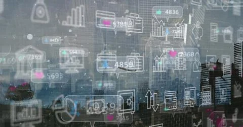 Displaying transparent analytics interface overlay over city skyline, with bar Stock Photos