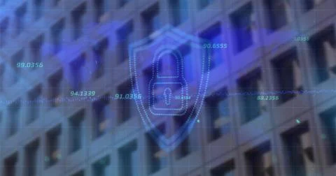Displaying transparent blue shield with padlock icon over office building Fotos de archivo
