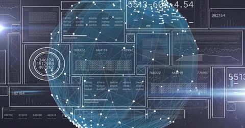 Displaying transparent blue spherical network on virtual dashboard, with data Stock Illustration