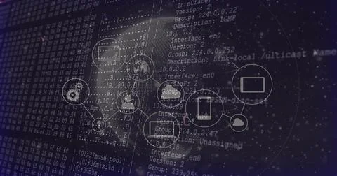 Displaying transparent circular network diagram over dashboard, with laptop 스톡 일러스트