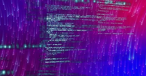 Displaying transparent code blocks streaming over neon cyberspace gradient, Stock Photos