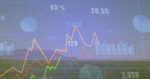 Displaying transparent data dashboard over field and mountains, with colorful Stock Photos