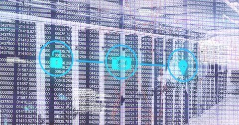 Displaying transparent data grid at cybersecurity center, with padlock camera Foto stock