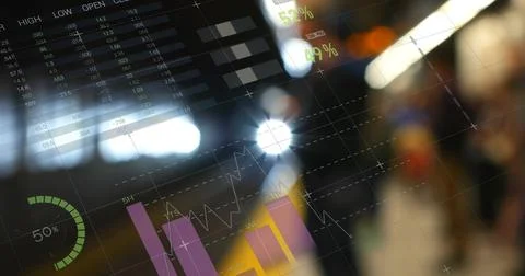 Displaying transparent data overlay over terminal showing purple yellow bars Stock Photos