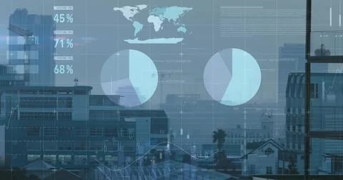 Displaying transparent data overlay through high-floor downtown office window, Stock Photos