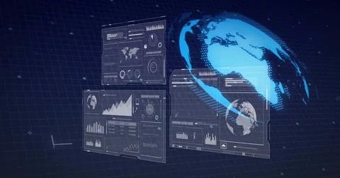 Displaying transparent data panels and rotating digital globe in grid space, Stock Photos