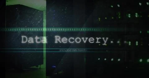 Displaying transparent Data Recovery overlay over server racks in data center, Stock Illustration