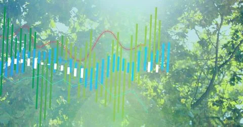 Displaying transparent data visualization under tree canopy, with multicolored Foto stock