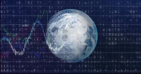Displaying transparent Earth globe over dark grid background, with binary Illustrazione stock
