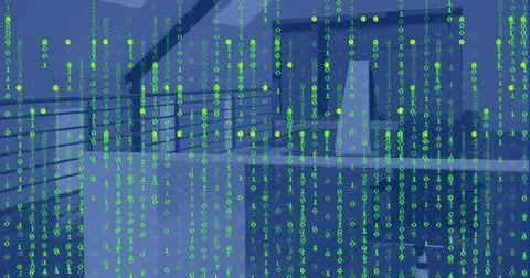 Displaying transparent green binary code streaming across mezzanine atrium, with Stock Photos