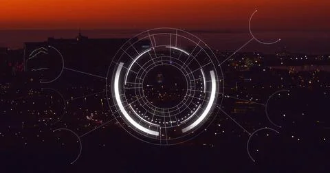 Displaying transparent HUD interface over city skyline at dusk, with glowing Stock Illustration