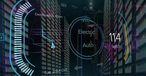 Displaying transparent HUD projecting over data center aisle, showing Electric Stock Photos