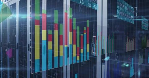 Displaying transparent panels showing multicolored bar charts in data center, Stock Illustration