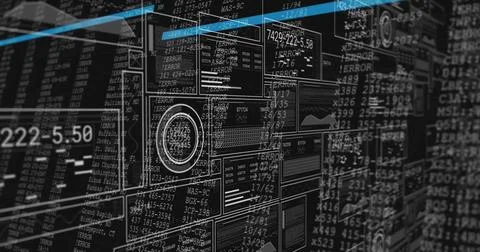 Displaying transparent panels in virtual grid, with wireframe cubes code charts Stockillustratie