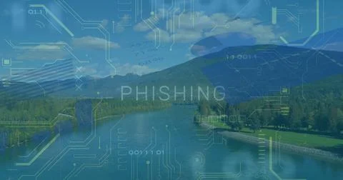 Displaying transparent PHISHING overlay hovering above forested river valley, Stock Photos