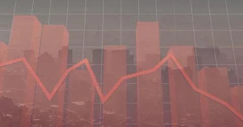 Displaying transparent red bars fluctuating over grid overlay in city skyline, Stock Illustration
