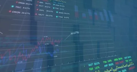 Displaying transparent screen charting financial market data in corporate Stock Illustration