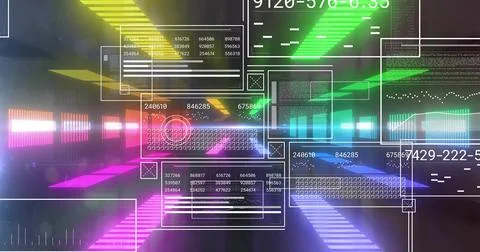 Displaying transparent UI panels presenting numeric charts in digital tunnel, Illustrazione stock