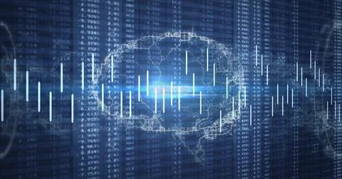 Displaying transparent wireframe brain model glowing in data grid, with code イラスト素材