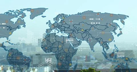 Displaying transparent world map over city rooftops and cranes, with orange Stock Illustration