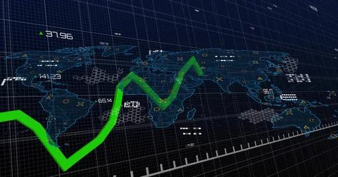 Displaying transparent world map overlay across dark blue 3D grid, with green Stock Illustration