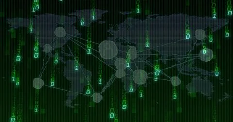 Displaying transparent world map in virtual network with cascading binary digits Stock Illustration