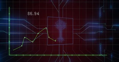 Displaying tree circuit diagram on red panel radiating blue lines over grid, Ilustración de archivo