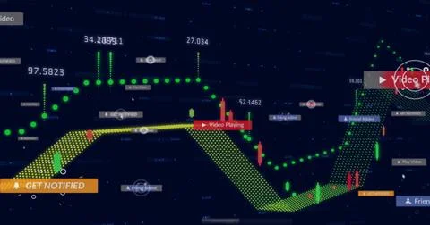 Displaying trend path moving across dark HUD, with green line, dotted ribbon, Ilustración de archivo