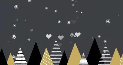 Displaying triangle trees along bottom in winter night art with snowflakes, pale 스톡 일러스트